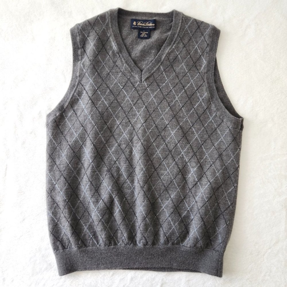 Vintage 90s Brooks Brothers Extra‎ Fine Merino Wool Sweater Vest Diamond Gray L